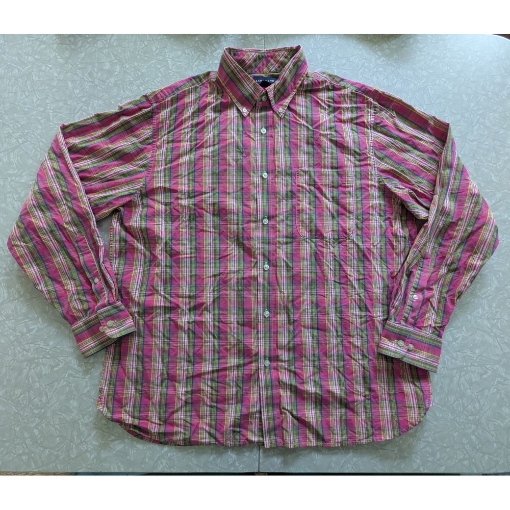 Lands End Men's Pink Green Plaid Button Down Shirt Long Sleeve Cotton L 16-16.5